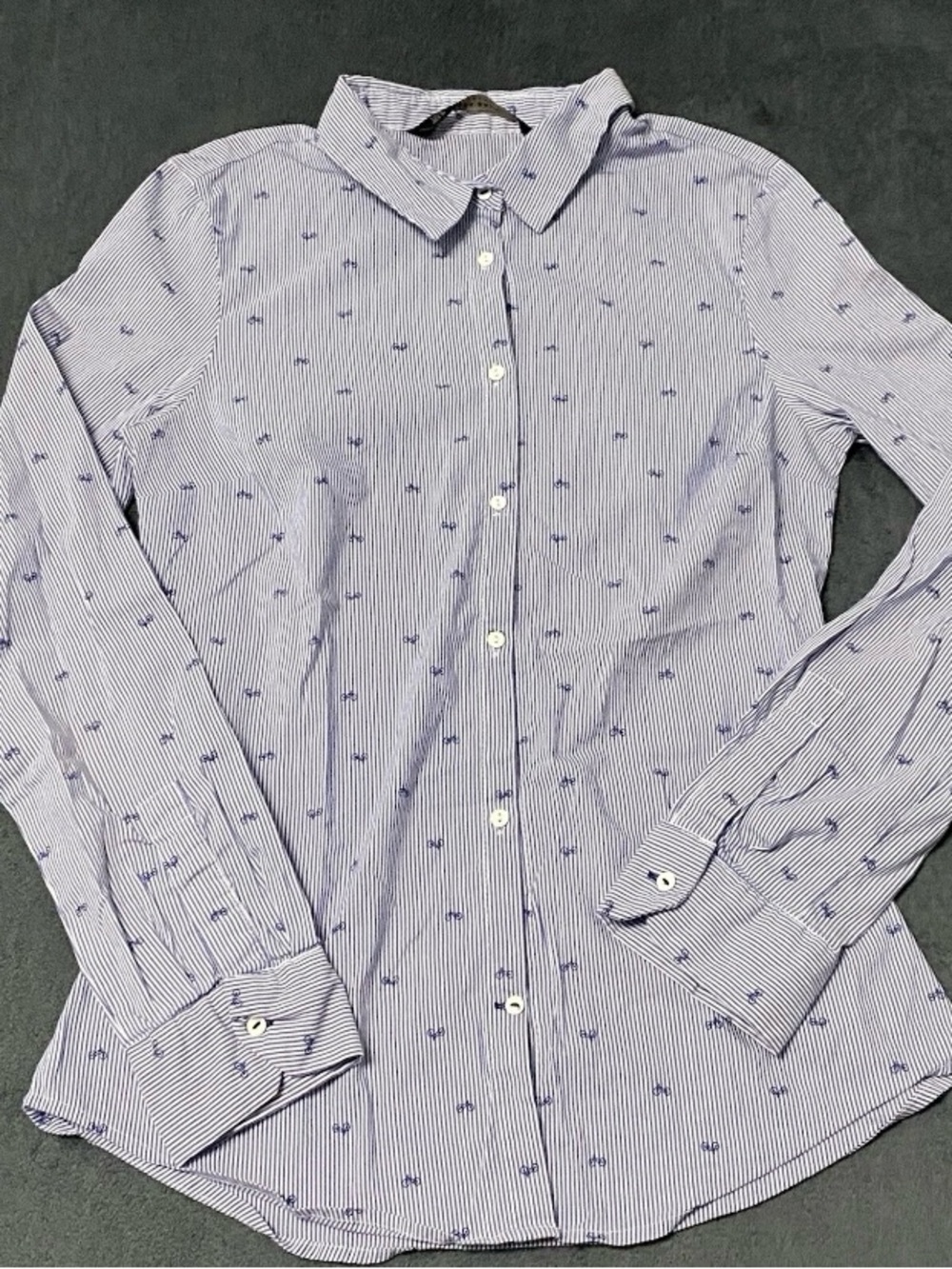 Zara Fun Novelty Print Button Up Shirt Womens M Blue Stripe Preppy Bicycle Print